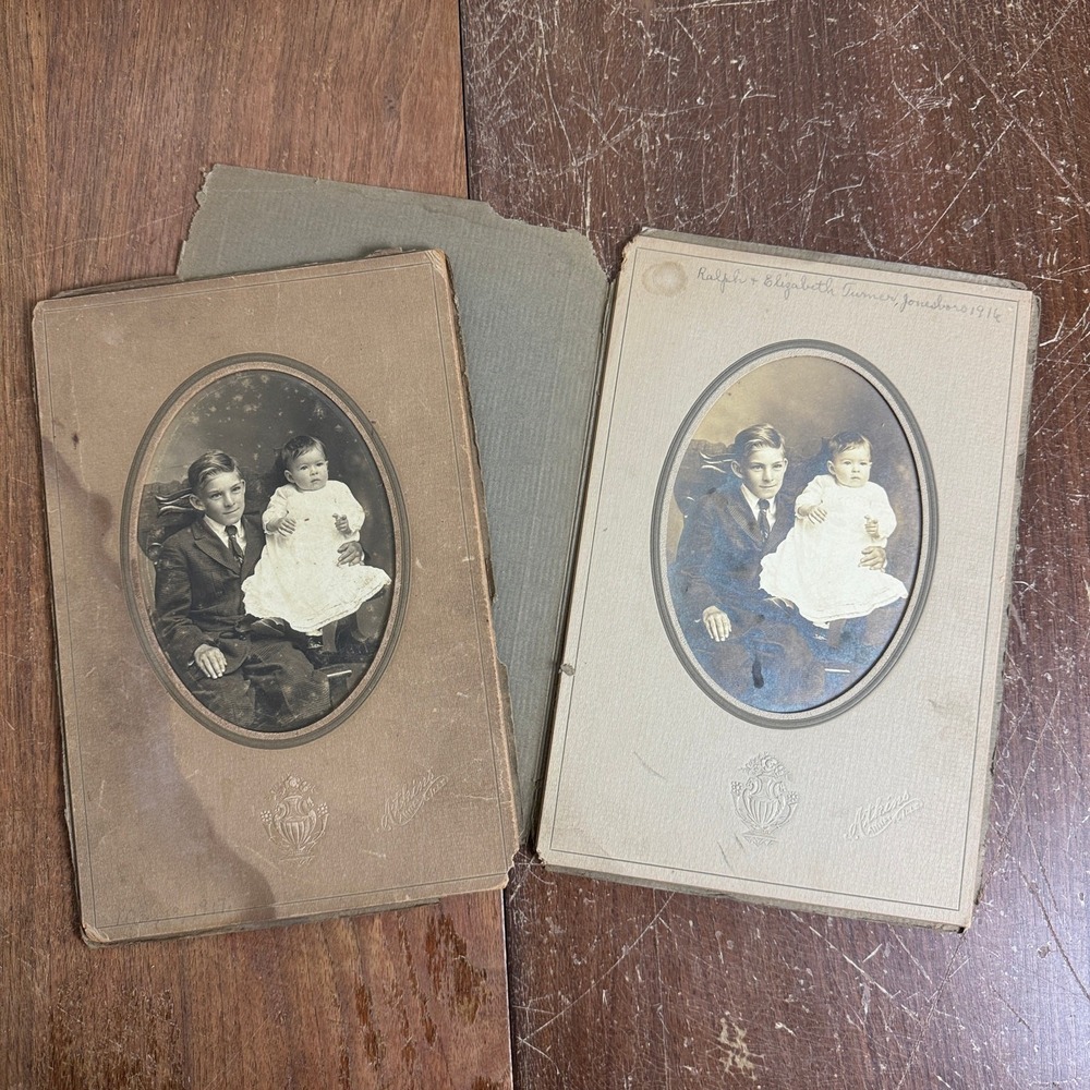 Pair (2) Antique studio portraits brother & sister boy girl Atkins Anna Illinois